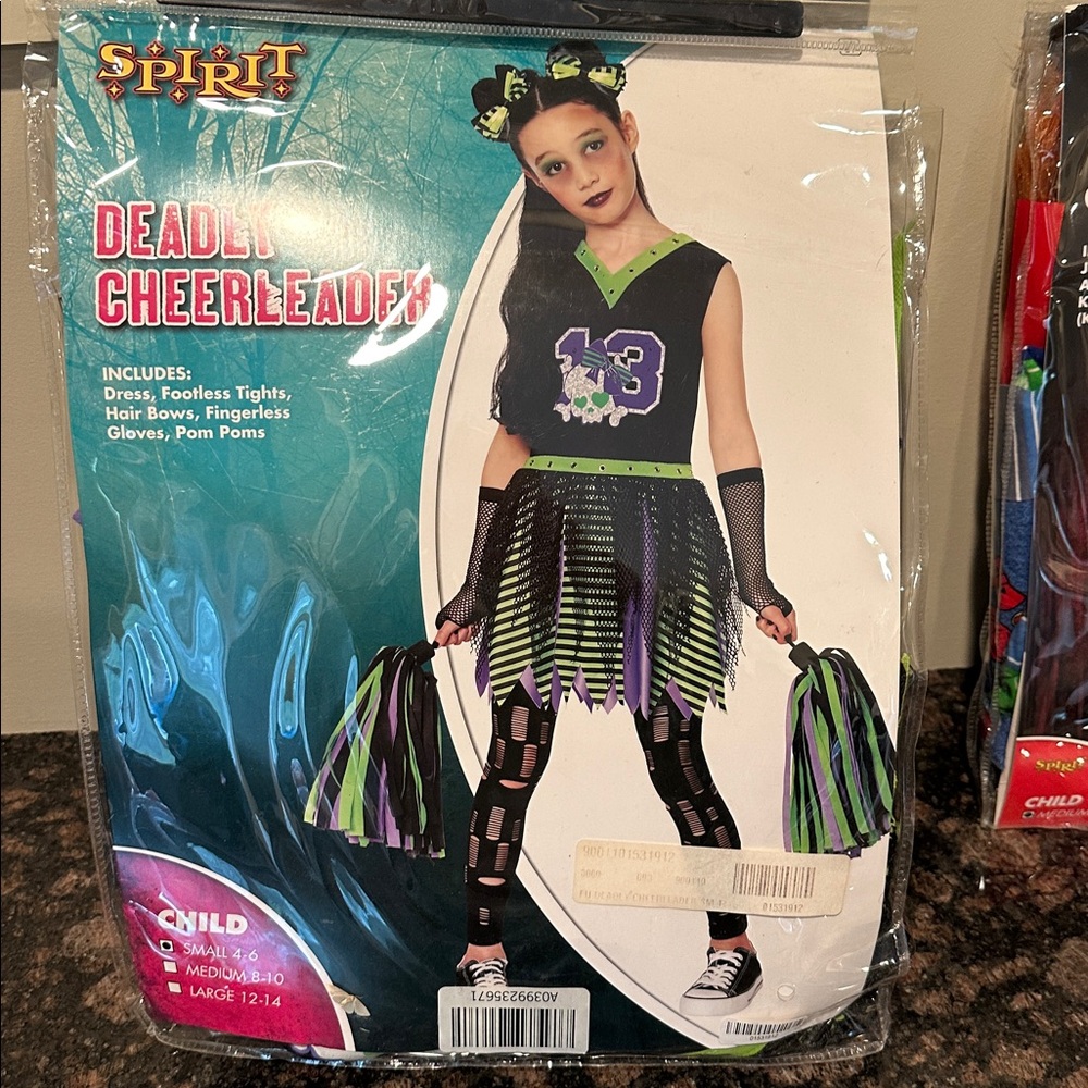 Girls Halloween costume from Spirit Halloween – deadly cheerleader.